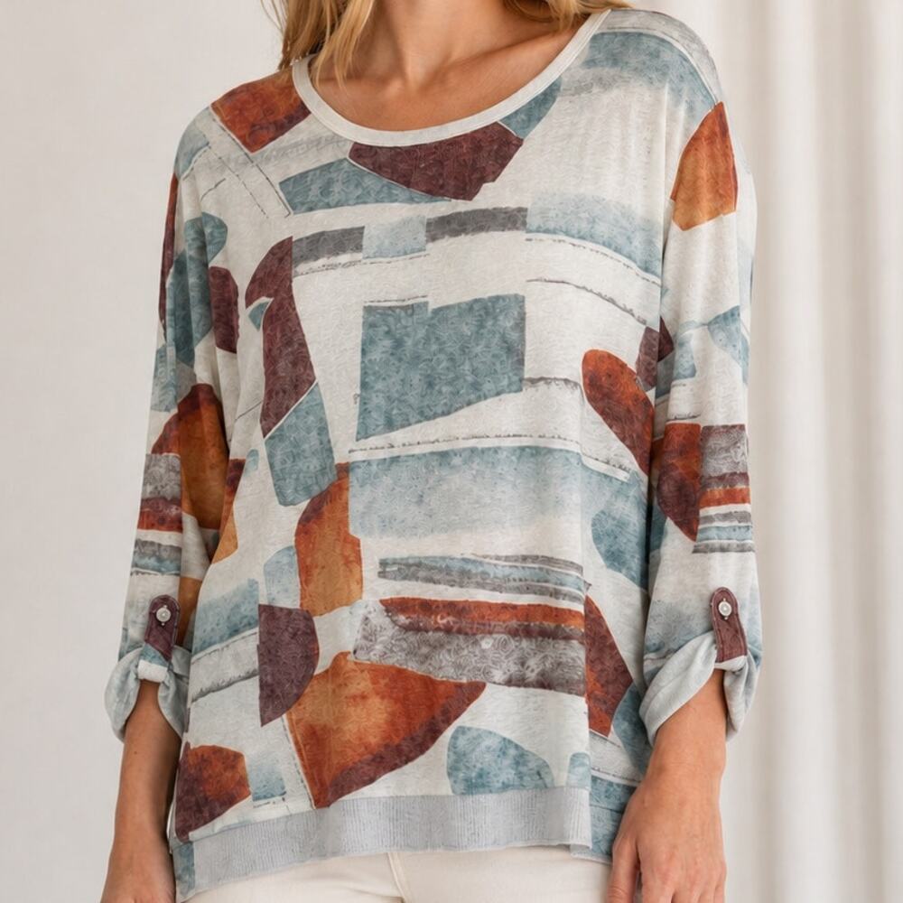AZI Small Slub knit Roll tab Sleeve Tunic Top White Colorful Artsy Pattern Boho